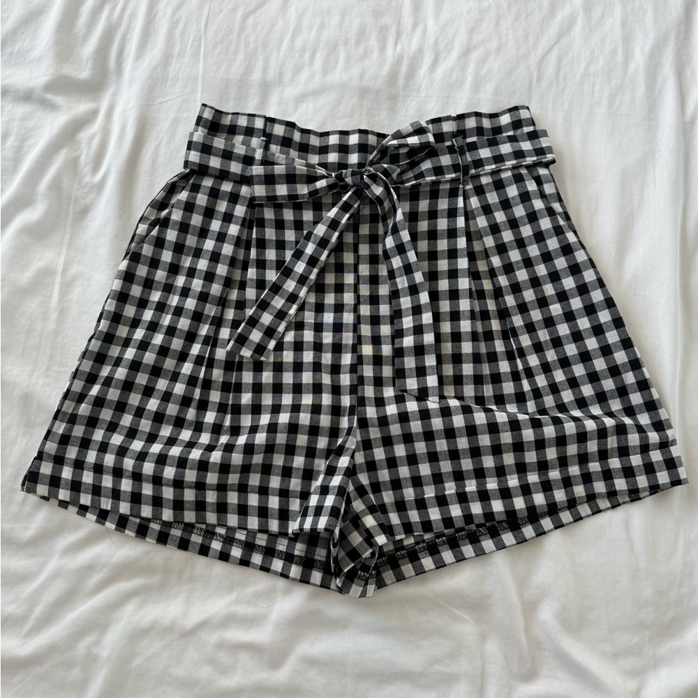 DO+BE Black White Gingham High Waist Shorts w/ Pockets & Tie Belt
